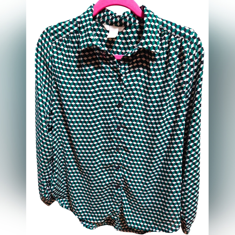 H&M Black/Green/White Diamond Shape Woman's Collar Shirt